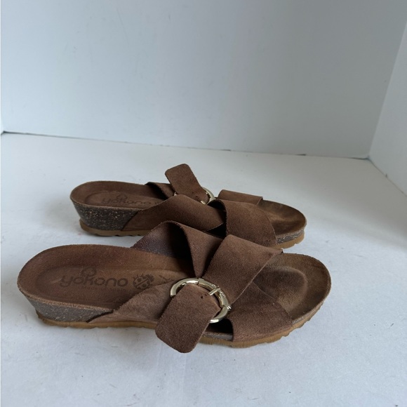 Yokono tan sueded leather cross strap slide on cork wedge sandals size 8 - Picture 6 of 11